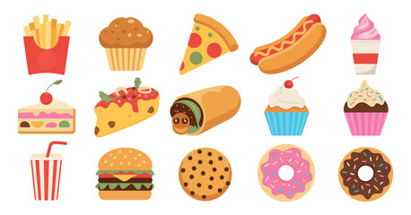 Delicious Assortment of Unhealthy Fast Food Icons Featuring Pizza, Burgers, Fries, and Sweet Treats Illustration