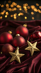 Close-up of red Christmas ornaments and golden stars on a dark velvet surface with bokeh lights.