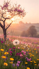 Naklejka premium A vibrant meadow filled with colorful wildflowers and a single dandelion under a blooming tree at sunset.