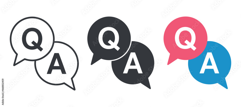Poster question and answer speech bubbles icon set in various styles for communication and information desi