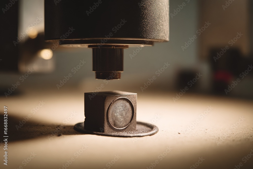 Poster precision machining process capturing a block being crafted with advanced equipment in a workshop en