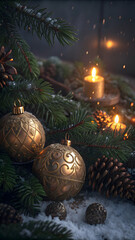 Close-up of golden Christmas ornaments, candles, and pine branches with snow.