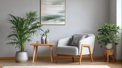 grey armchair next to a wooden table in living room interior with plant and poster no logos no brands ar 169