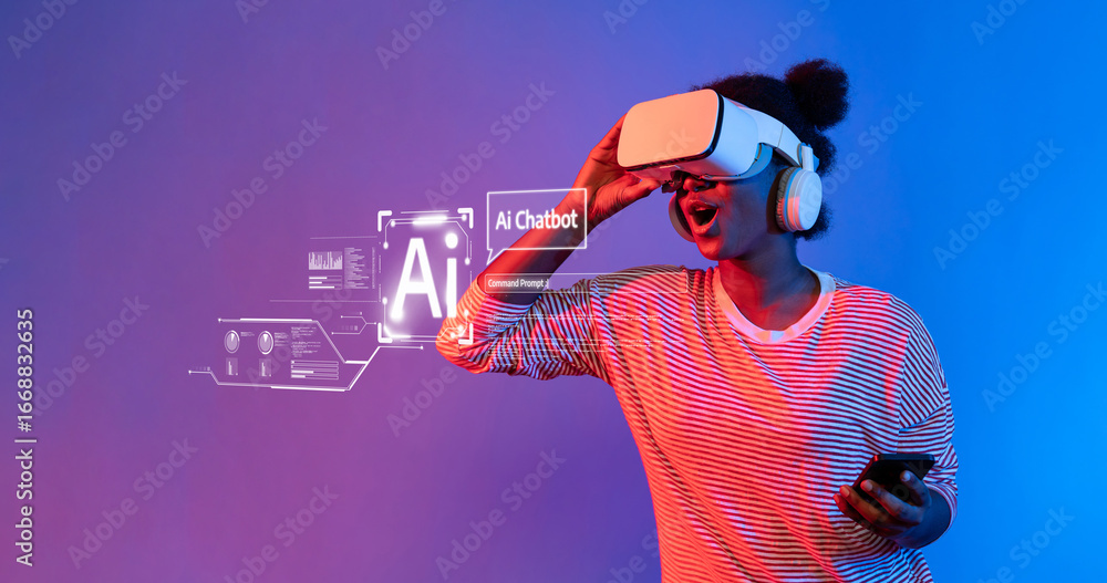 Poster a user fully immersed in a virtual reality experience, exploring ai chatbot features and personal as
