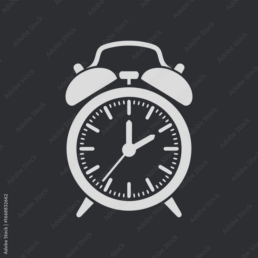 Poster white alarm clock icon on dark background for time management and reminder applications, simple styl