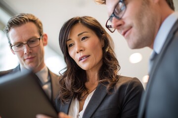 Business professionals collaborating on a digital tablet in a modern office environment during a work meeting