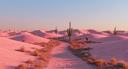 Obraz premium Surreal Pink Desert Vista with Winding Path and Saguaro Cacti Landscape