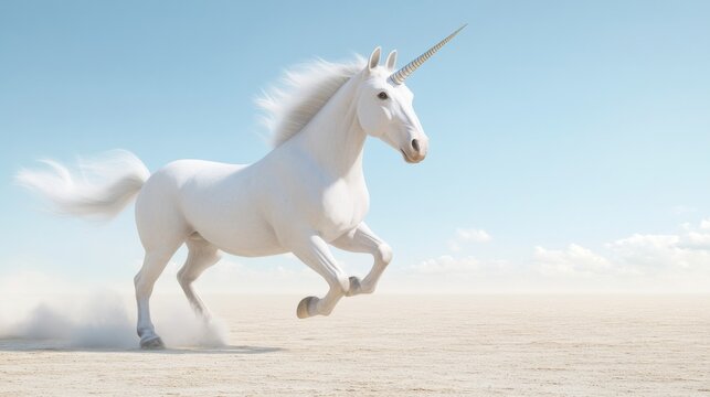 Majestic unicorn galloping across a vast desert under a clear blue sky - Powered by Adobe