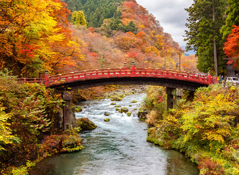 Famous Shinkyo bridge in autumn, Nikko, Japan