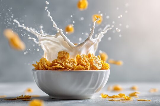Milk splashing onto corn flakes in a bowl with scattered pieces on a gray surface
