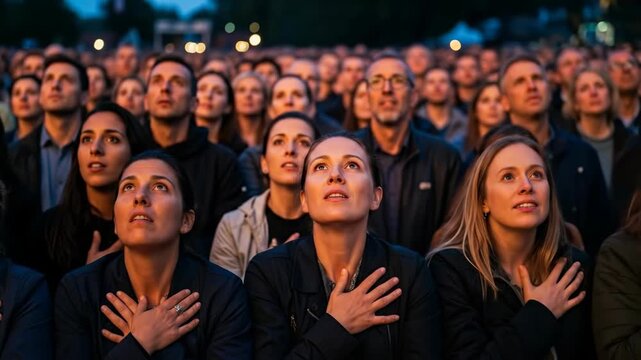 A large and diverse crowd of people looks up in awe and wonder with hands on their hearts during a patriotic event or an amazing spectacle