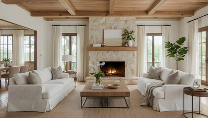 Elegant living room interior design showcasing a rustic farmhouse style with a natural wooden ceiling, white linen sofas adorned with vintage throw pillows, and a warm beige stone fireplace