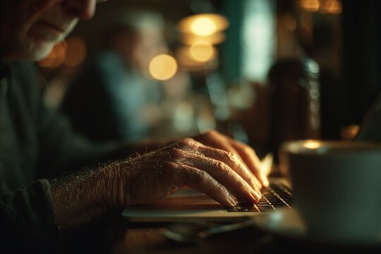Older man works diligently on laptop in cozy cafe during evening hours with warm lighting