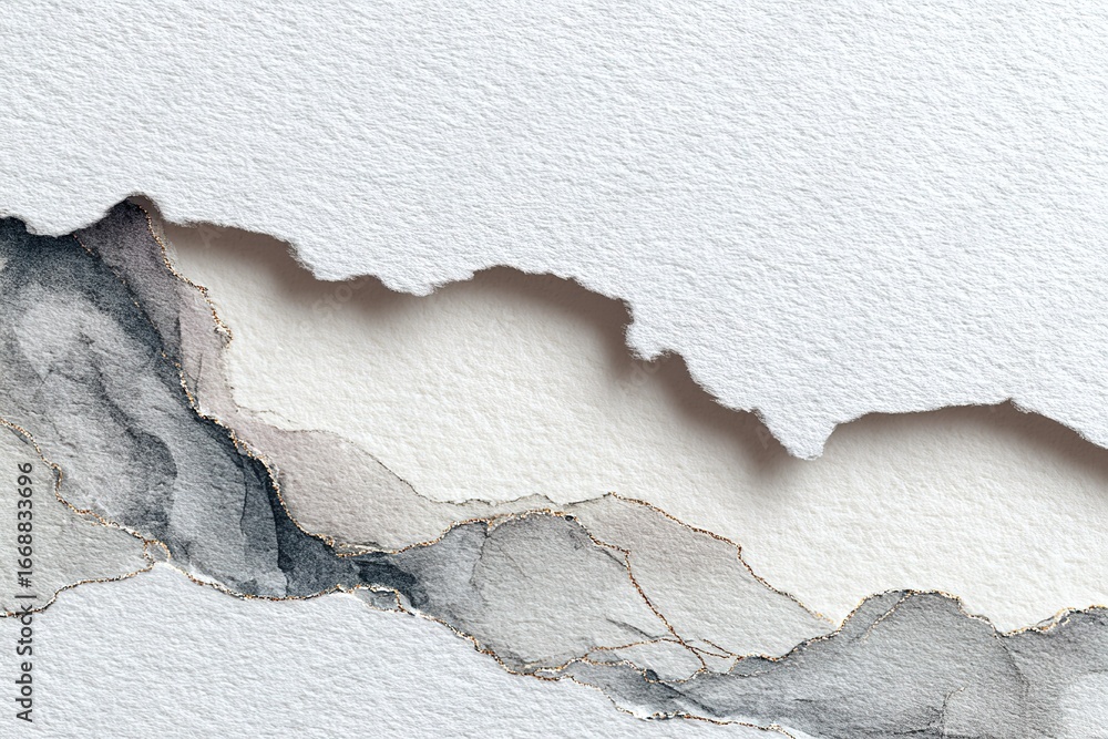 Poster Abstract art creation featuring torn paper and watercolor texture, emphasizing subtle hues and fluid shapes in a delicate design