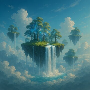 Floating Waterfall Islands Dreamlike Nature Landscape