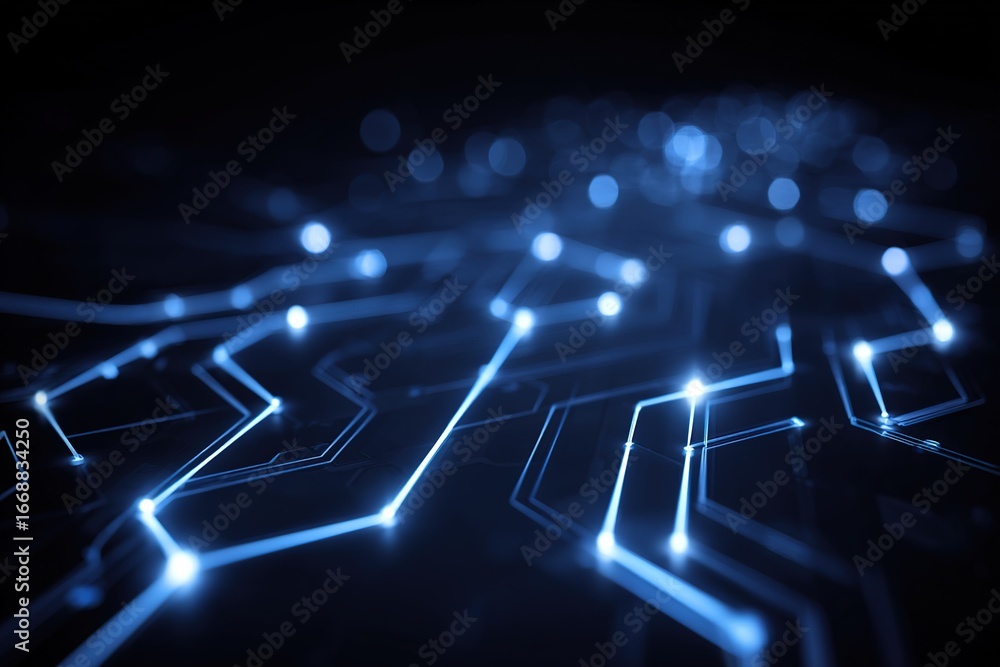 Aufkleber circuit board with glowing connections creating a technological landscape in a dark setting