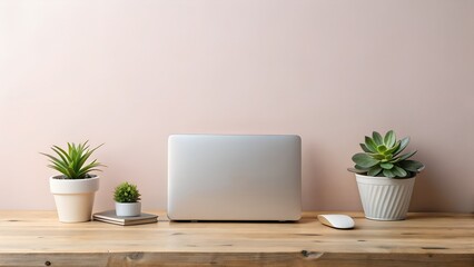 Modern home office setup with laptop and plants on a wooden desk