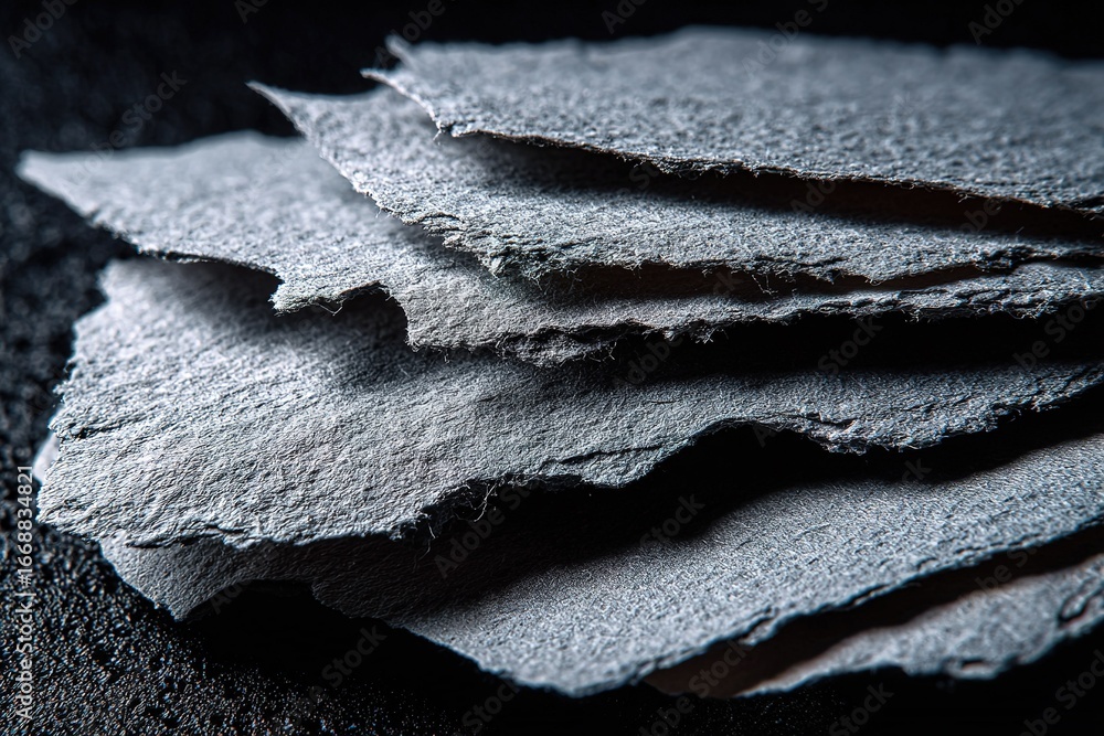 Poster textured layers of handmade paper stacked on a dark surface in a creative workspace