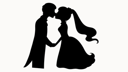 Silhouette of a bride and groom kissing while holding hands in a romantic wedding scene image