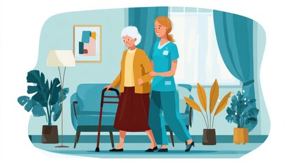 young caregiver helping senior woman walking nurse assisting her old woman patient at nursing home senior woman with walking stick being helped by nurse at home no logos no brands ar 169
