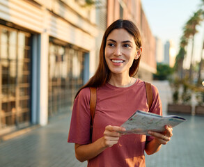 Portrait of a smiling young woman  looking at a map in the city, tourists visiting destination,...
