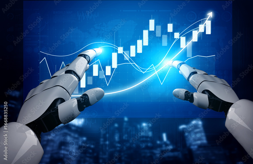 Aufkleber digital concept of robotic hands interacting with financial graphs in a futuristic environment, show