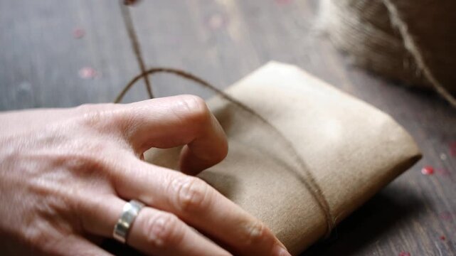Close-Up Tying Leather Wallet Wrapped in Kraft Paper with Jute Twine