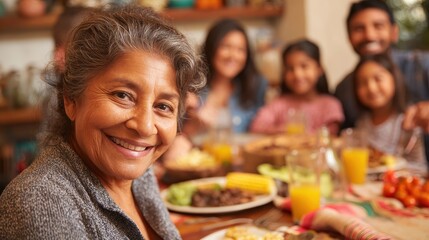 happy latin family having fun eating together at home  focus on grandfather face no logos no brands ar 169