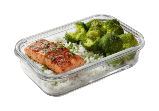 Healthy meal prep salmon and broccoli kitchen food clean environment isolated on transparent background, png