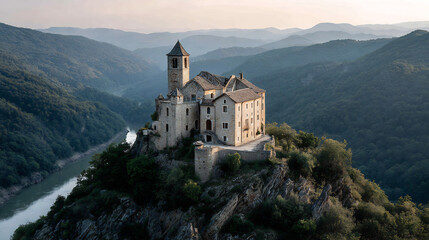 Historic Stone Village with Bell Tower on Cliff Overlooking a River and Misty Mountain Valley at Golden Hour