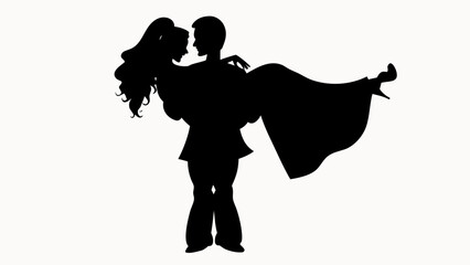 Silhouette of a man carrying a woman in his arms with a flowing dress in black and white