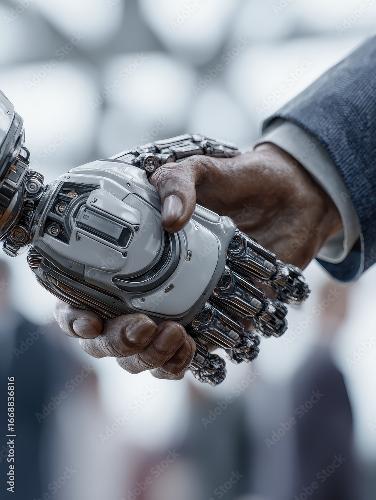 Poster futuristic business partnership with handshake between human and robot symbolizing artificial intell
