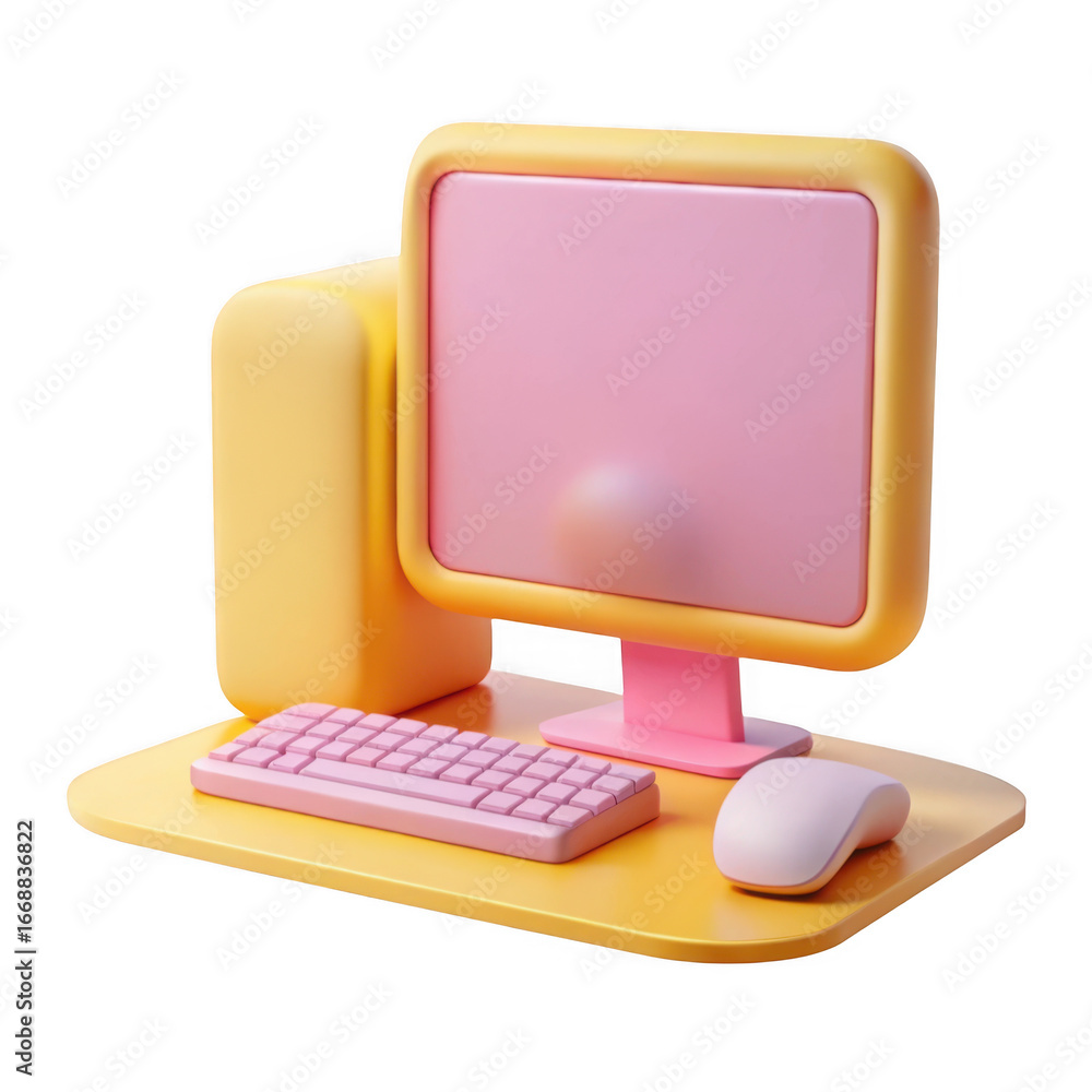 Fototapete 3d retro computer setup with pink screen isolated on transparent background