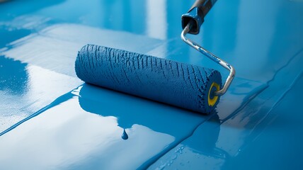 Blue paint roller applying coating to a surface