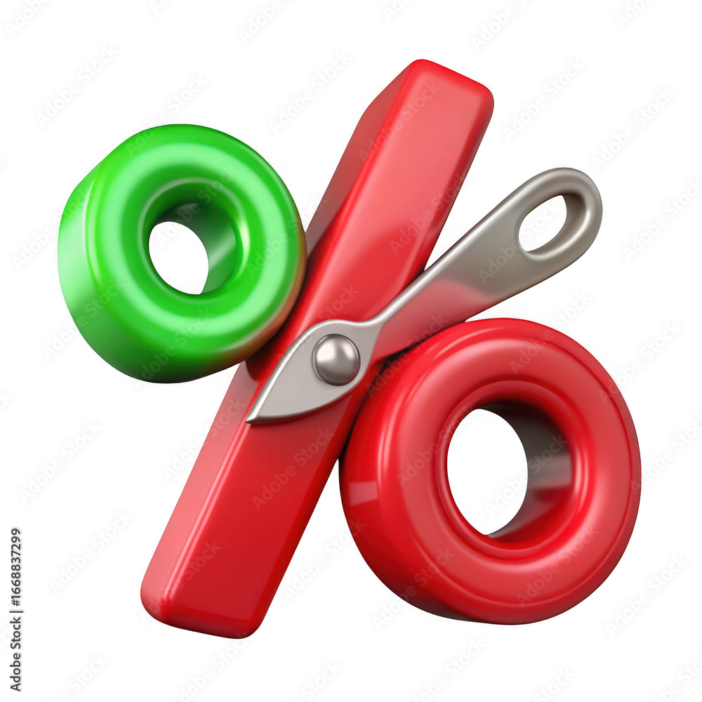 Poster 3d percentage symbol with scissors isolated on transparent background