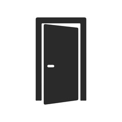 Minimalist black open door icon on white background