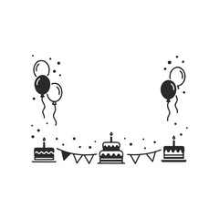 Celebratory banner with cakes and balloons in black and white design