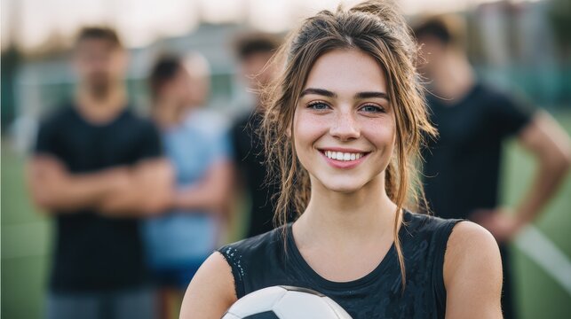 cheerful soccer player holding a football and looking at camera portrait of young woman during training on soccer field satisfied high school student with her teammates standing in background no logo
