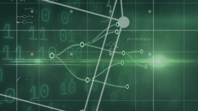 Glow traveling along network graph, lighting nodes, branching and revealing formulas for data flow