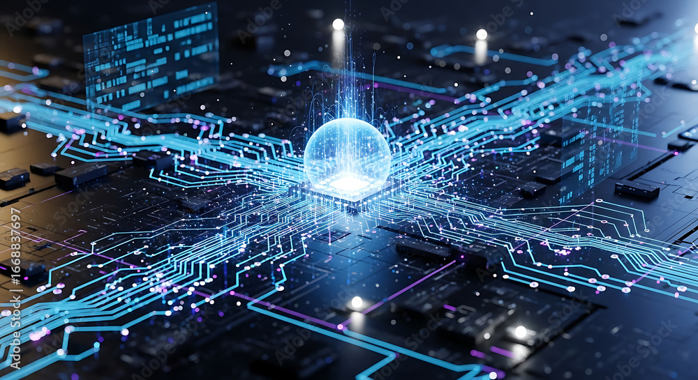 Poster futuristic glowing blue circuit board with central data processing core