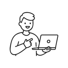 Illustration of smiling young male holding laptop pointing at screen