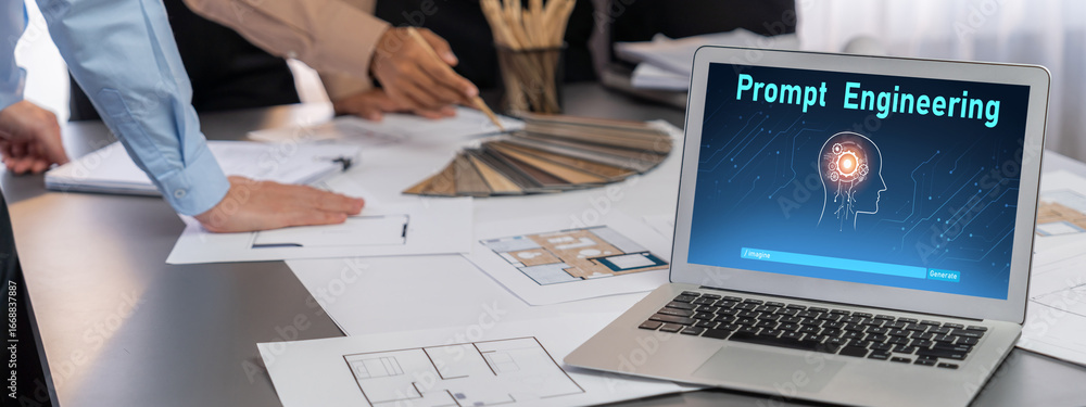 Aufkleber group of interior architect designer discussing together on blueprint and laptop screen display arch
