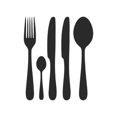 Silhouette of silverware set including fork, knives, and spoons on white background