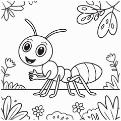 Cute smiling ant character in a garden with flowers, outlined sketch perfect for children’s art projects