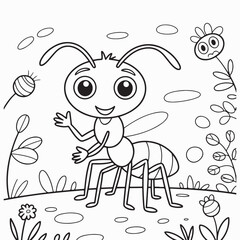 Cartoon ant waving in a flower garden, black and white outline illustration for kids’ coloring and education