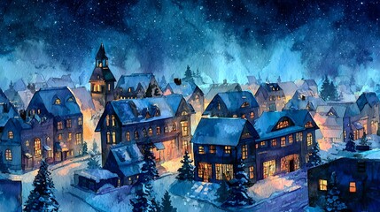 Enchanting snowy village under a starry night sky with warmly lit buildings
