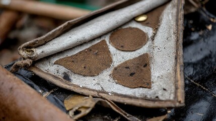 A piece of cloth with a triangle shape and a circle in the middle. The cloth is dirty and torn