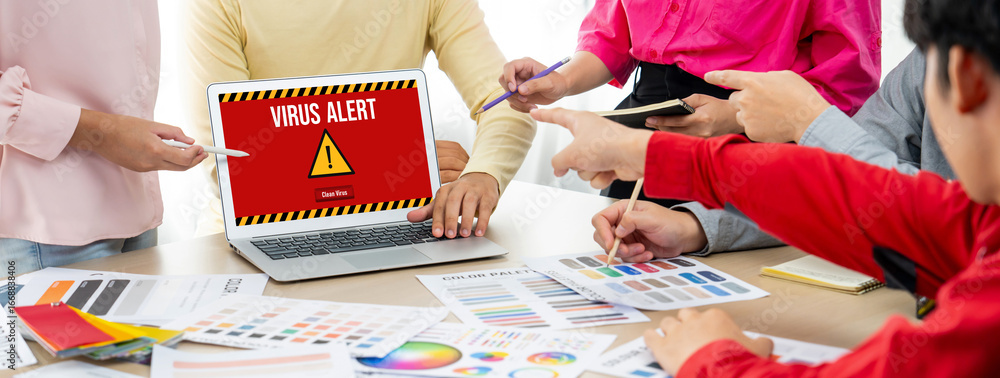 Poster virus warning alert on computer screen detected brisk cyber threat , hacker, computer virus and malw