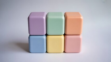 Fototapeta premium Pastel colored 3D cubes in a grid, minimalist geometric blocks on white background, soft matte plastic square shapes for design