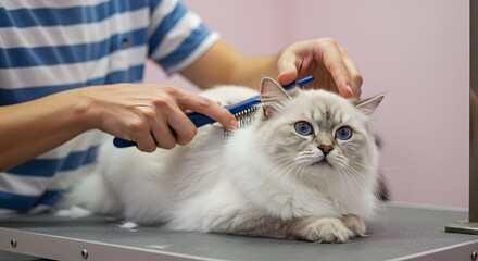 Grooming Grace: A tender moment unfolds as a skilled groomer gently tends to a fluffy, long-haired cat, creating a scene of mutual affection and the pure joy of pet care.